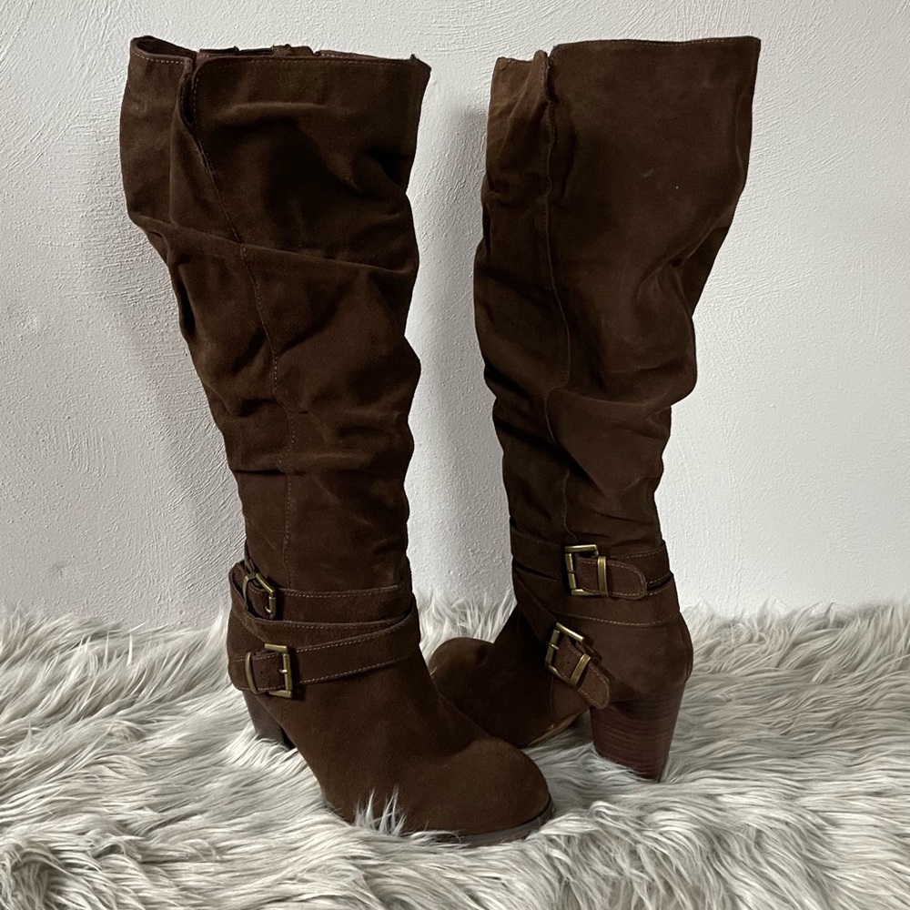 Torrid Knee High Suede Boots with Buckle Detail and Zipper